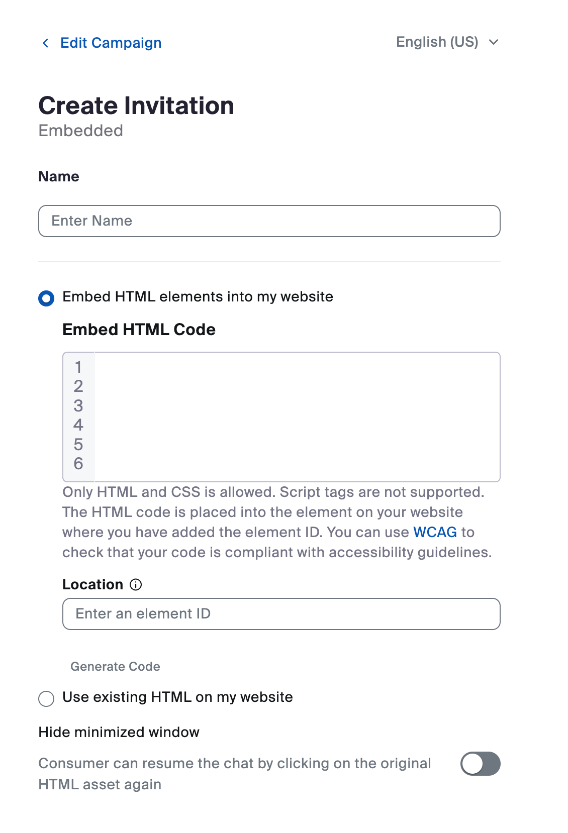Image of the Create Embedded Invitation screen.