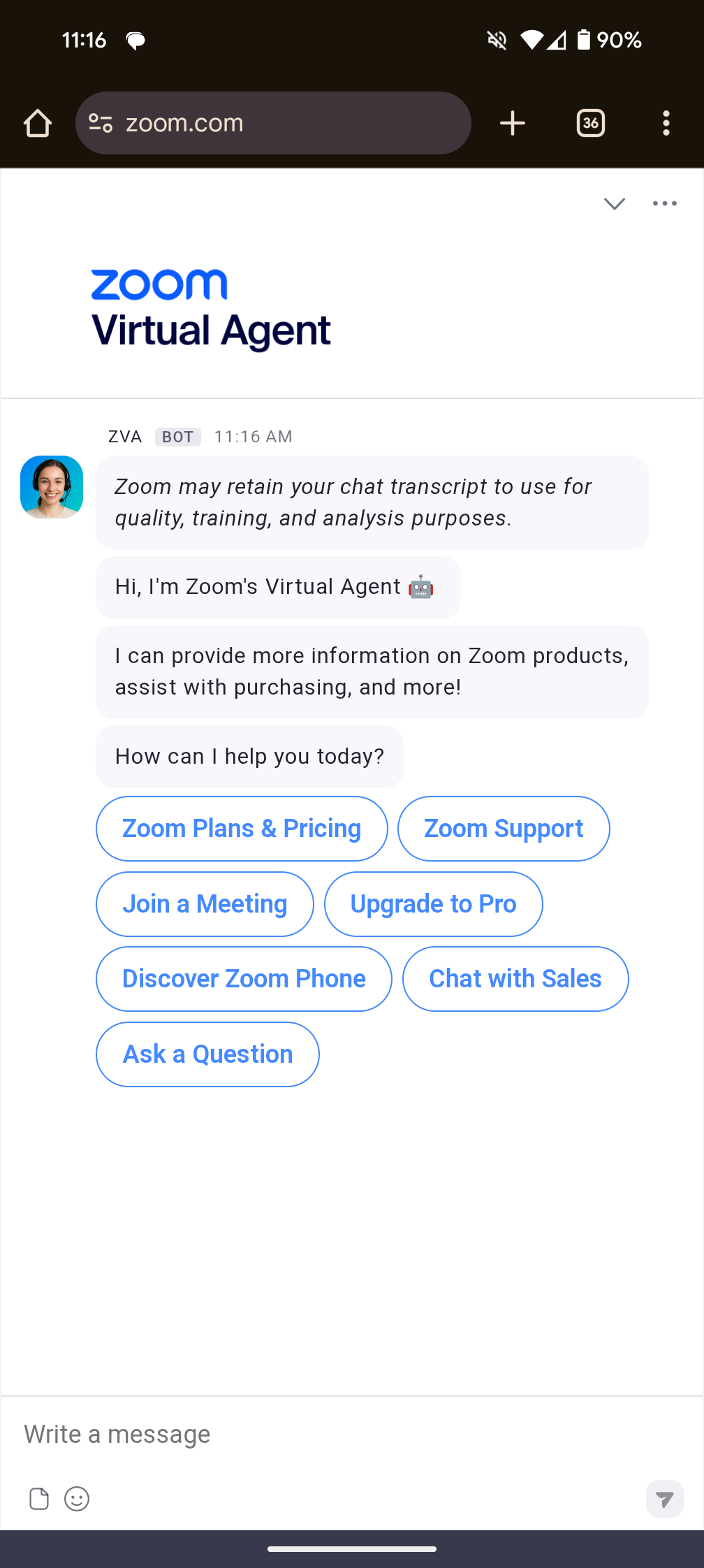 Image of mobile Zoom Virtual Agent window, opened full-screen.