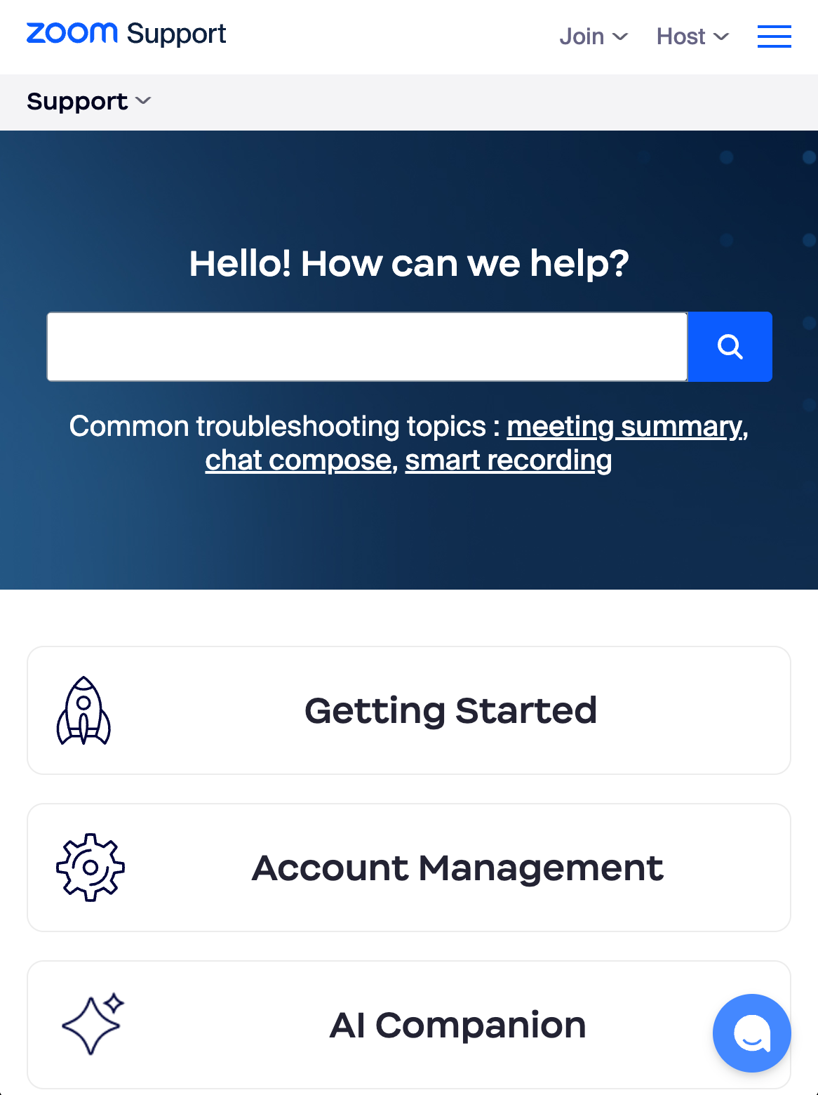 Image of a Zoom Support window that says "Hello! How can we help?"