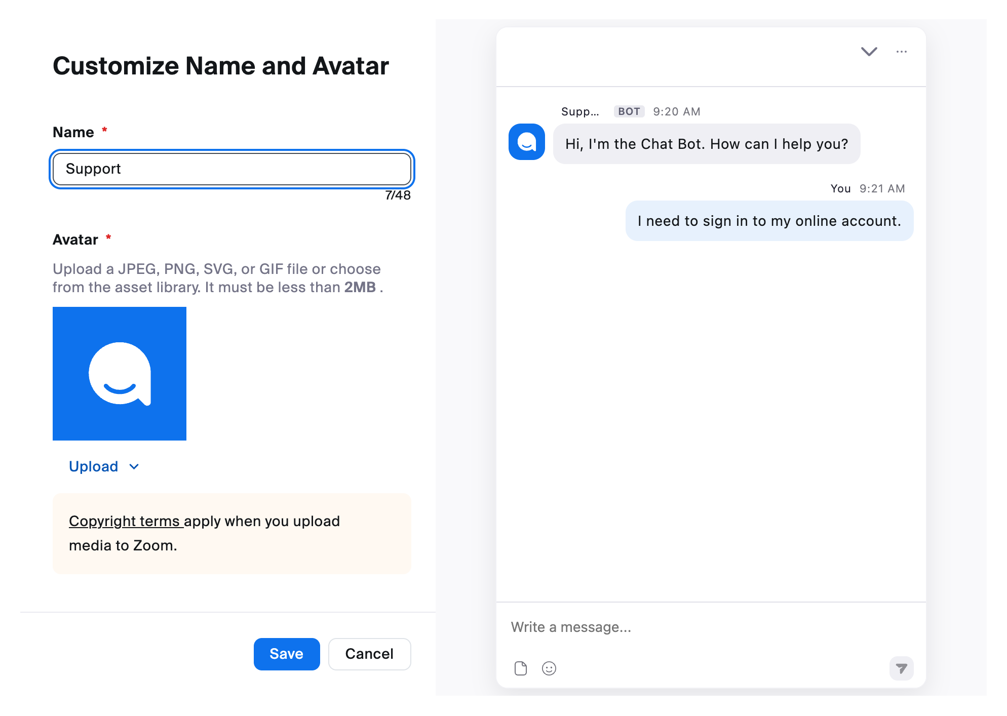 Side-by-side image of the Customize Name and Avatar screen and a rendering of the settings.